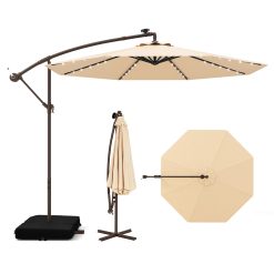 COSTWAY Parasol Déporté 3x3M, Grand Parasol de Jardin Extérieur Lumineux Solaire avec 2 Sacs de Sable, Base Croisée, Parasol Inclinable avec Manivelle, pour Balcon, Jardin, Terrasse Plage (Beige)