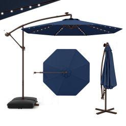 GOPLUS Parasol de Jardin Extérieur avec Pied, Parasol Déporté 3x3M Inclinable, avec 8 Baleines 40 Lampes Solaires, Grand Parasol pour Terrasse Plage Cour (Bleu)