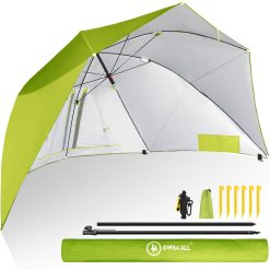 Homecall Parasol de plage et tente de plage 2 en 1, commutable, diamètre : 270 cm, grand, avec fenêtre, coupe-vent, imperméable, protection solaire UV50+, pour 2 à 3 personnes, vert