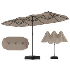 GOPLUS Parasol de Jardin Exterieur avec Pied, 4M Parasol Double Face avec LED, Manivelle et Ventilation, Grand Parasol Extérieur pour 6 Personnes pour Marché, Piscine, Terrasse, Balcon (Café)