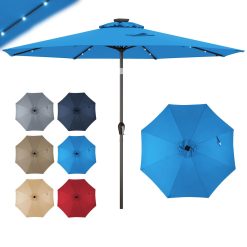 GOPLUS Parasol de Jardin Exterieur 3M, Parasol Inclinable 8 Baleines, Lumineux Solaire 24 LED, Manivelle, Anti-UV, Grand Parasol en Métal pour Plage Balcon Patio, Base Non Incluse (Bleu)