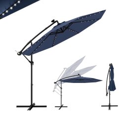 GOPLUS 3M Parasol Déporté avec Lumière LED, Parasol de Jardin Extérieur 8 Baleines avec Base Croisée, Grand Parasol Inclinable 35° avec Manivelle pour Patio Terrasse Marché (Bleu Marine)