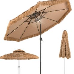 RELAX4LIFE Parasol de Plage Hawaï Tropicale LED Φ308, Parasol de Jardin Extérieur en Paille avec 8 baleines, Parasol Inclinable Double Toit Manivelle pour Plage Patio Piscine (LED Φ313 x 252cm)